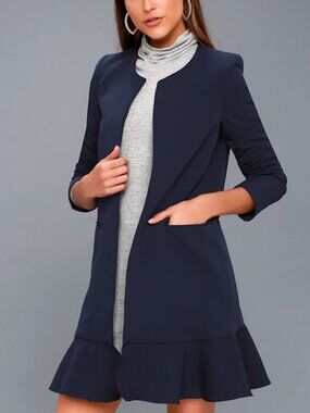 Lulus Royce Navy Blue Flounce Blazer - Size Small